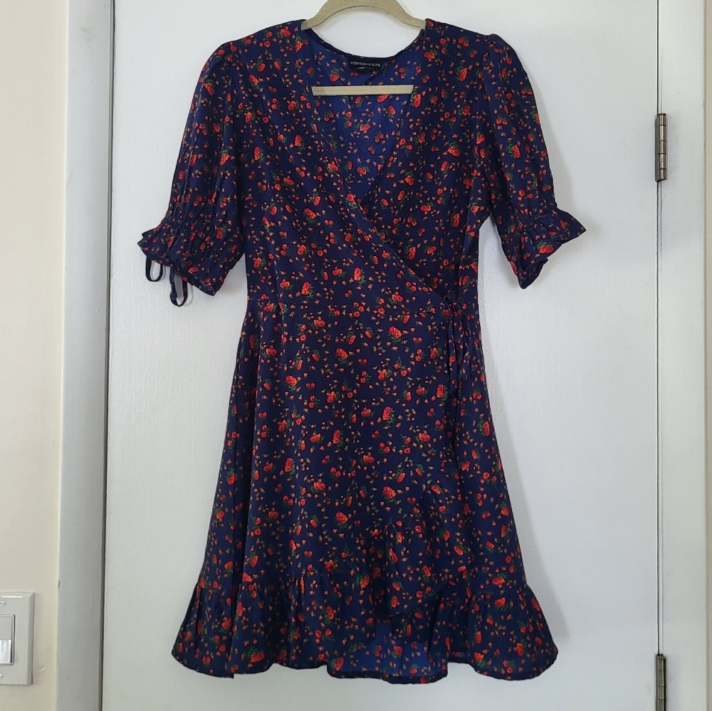 Wednesday's Girl Blue Red Floral Mini Wrap Dress